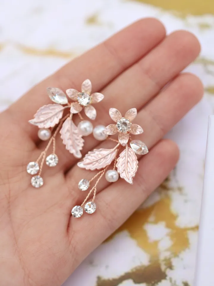 Boho Wedding Earrings, Rose Gold Chandelier Statement Floral Wedding Earrings, Flower Jewelry For Bride, Jewellery, Accessories, Jewelry Set