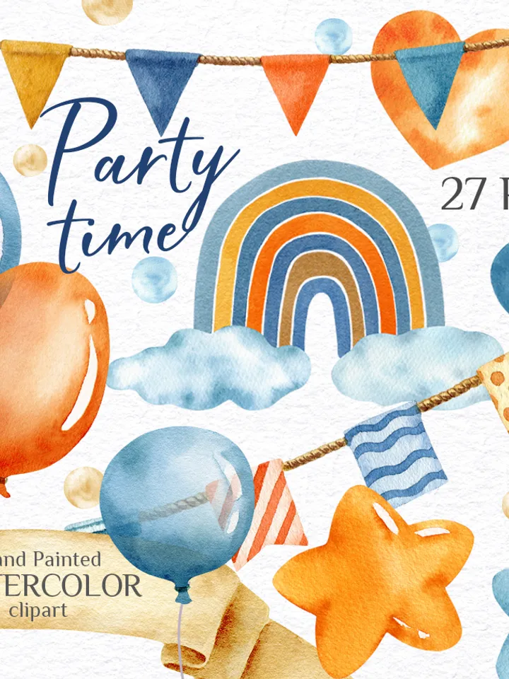 Party decoration. Watercolor clipart. Printable balloons, flags, stars, banners. Holiday wishes, invitations. Instatnt download PNG files