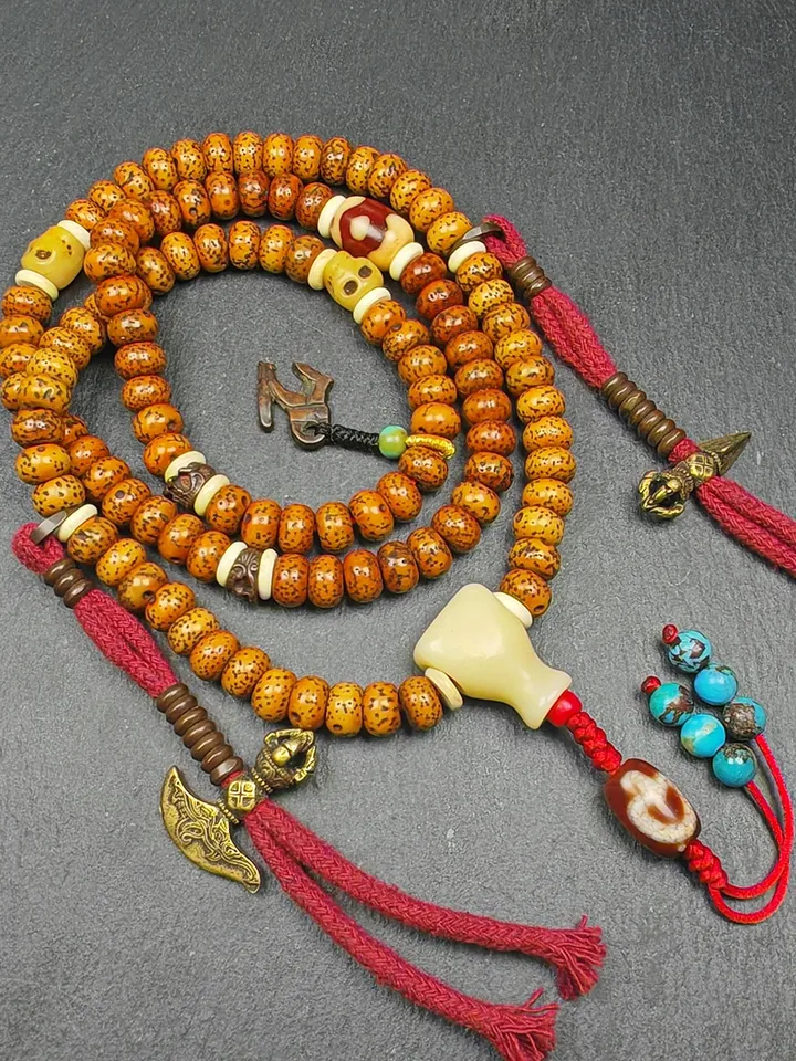 Authentic Tibetan Prayer Beads, Old 8+mm 108 Lotus Seed Mala Necklace - Handcrafted Tibetan Rosary with Unique Mix of Treasures