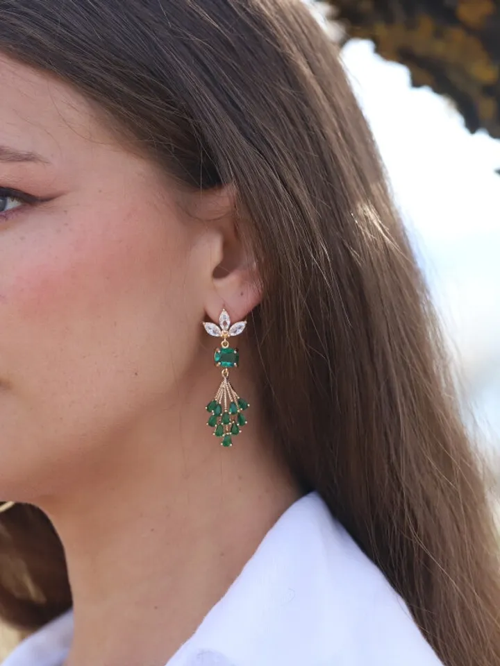 Art Deco Earrings, Boho Bridal Earrings, Statement Wedding Earrings, Emerald Gold Chandelier Earrings, Flower Earrings, Long Wedding Earring