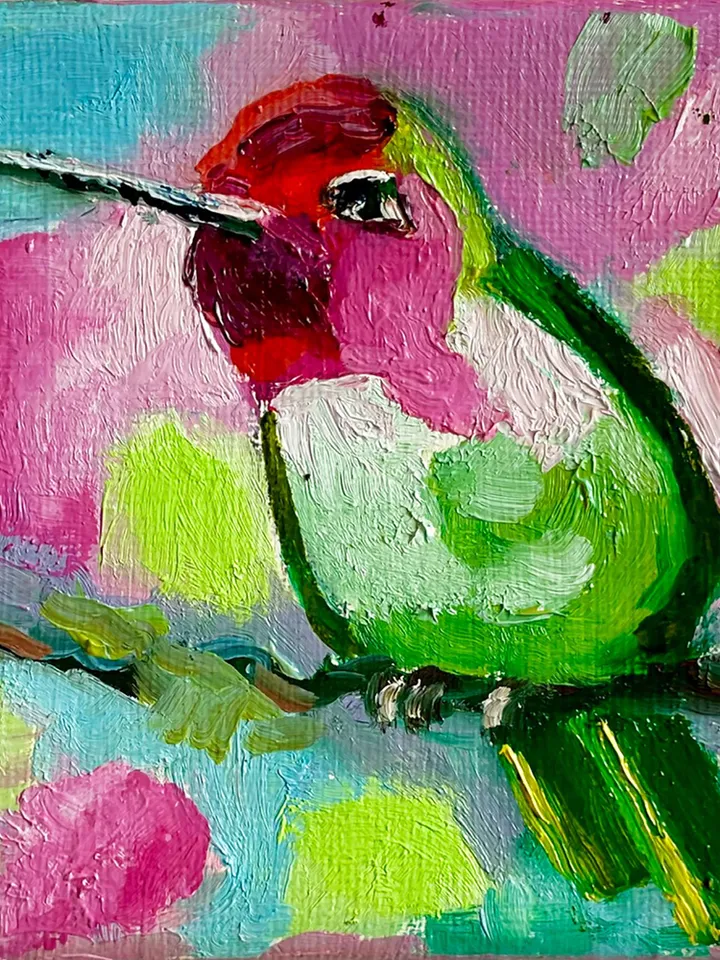 Hummingbird Painting, Bird Original oil Painting on Canvas, Wildlife Art, Miniature Artwork 4"x 4"