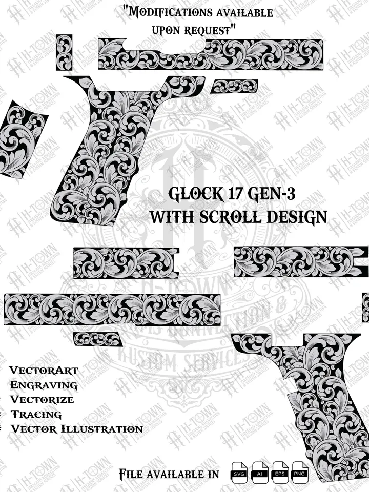 GLOCK-17-Gen -3 Engraving Scroll Vector | Ornamental Grip Design | Full Slide Svg Png AI EPS | Custom Laser Template