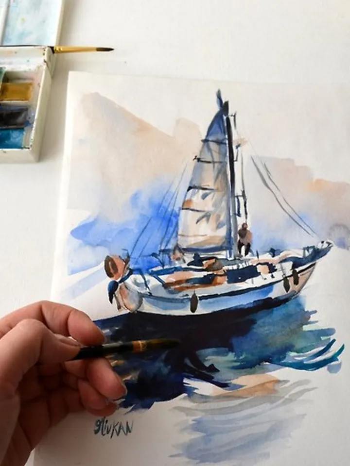 Sailboat Painting Original Watercolor Yacht Art Seascape Artwork