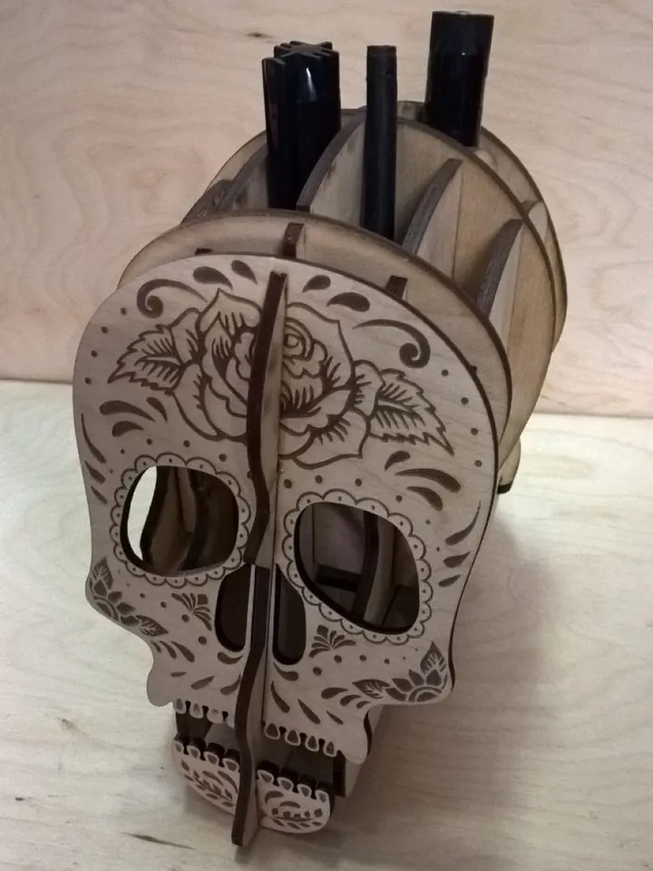 Digital Template Cnc Router Files Cnc Skull - Pencil Holder Files for Wood Laser Cut Pattern