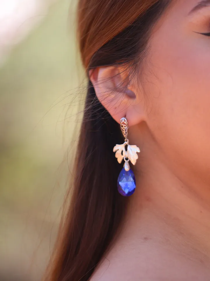 Boho Wedding Earrings, Silver Gold Blue Leaf Wedding Earrings, Flower Teardrop Bridal Earrings, Swarovski Crystal Statement Wedding Jewelry