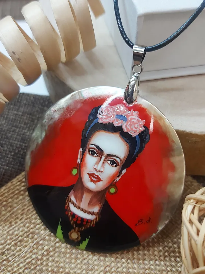 Russian jewelry: Red Self-portrait by Frida Kahlo on statement pendant. Fedoskino art painting on mother of pearl necklace. Gift for sister