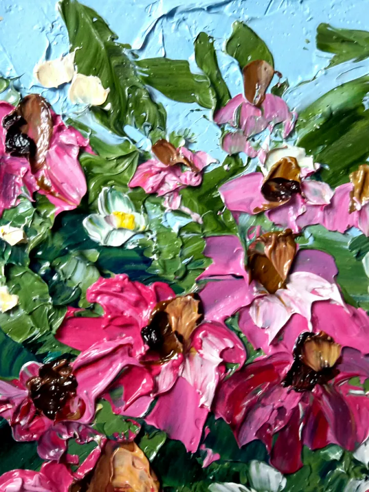 Echinacea Original Oil ACEO Painting Daisies Impasto Miniature Artwork