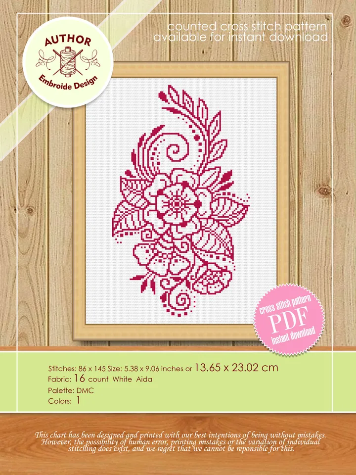 Monochrome floral cross stitch pattern download PDF, Flower mandala cross stitch, Modern beginner stitch, Floral ornament embroidery #M135