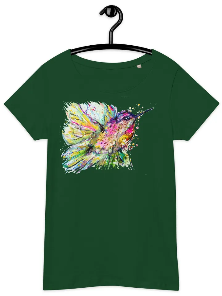 Hummingbirds Women’s basic organic t-shirt made with my original watercolour painting,birds t shirt gifts,unique artistic t shirts.