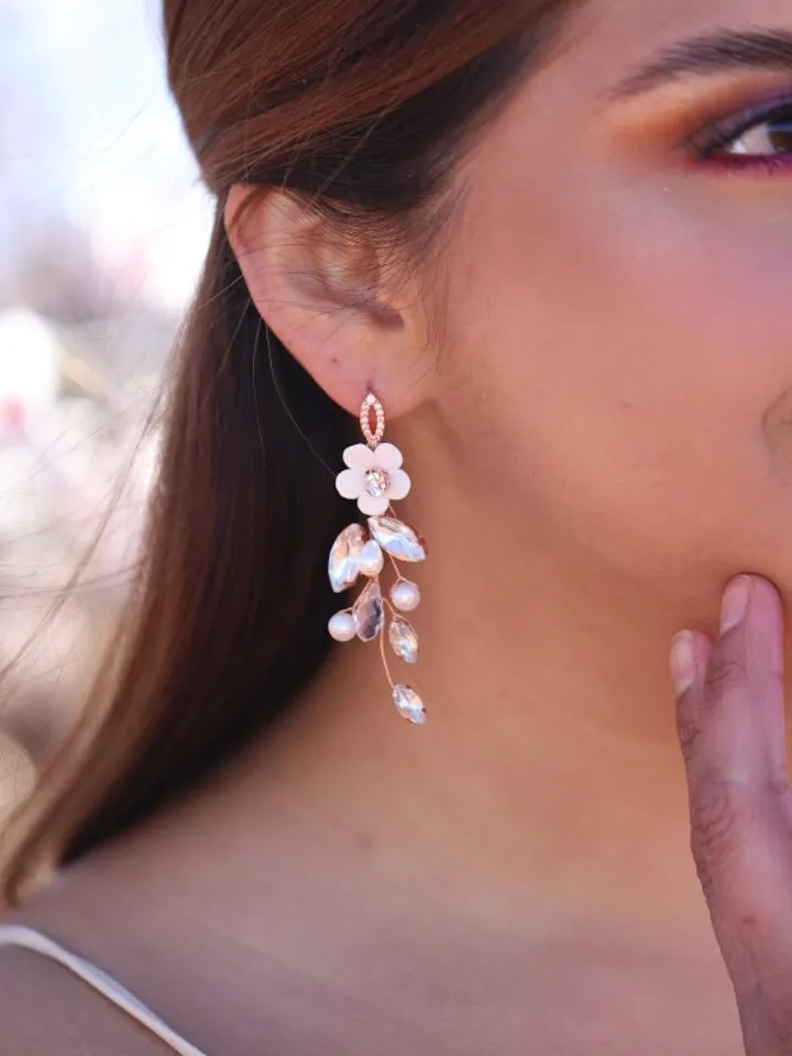 Rose Gold Delicate Porcelain Flower Wedding Earrings, Long Boho Wedding Earrings, Pearl Bridal Jewelry, Floral Chandelier Statement Earrings