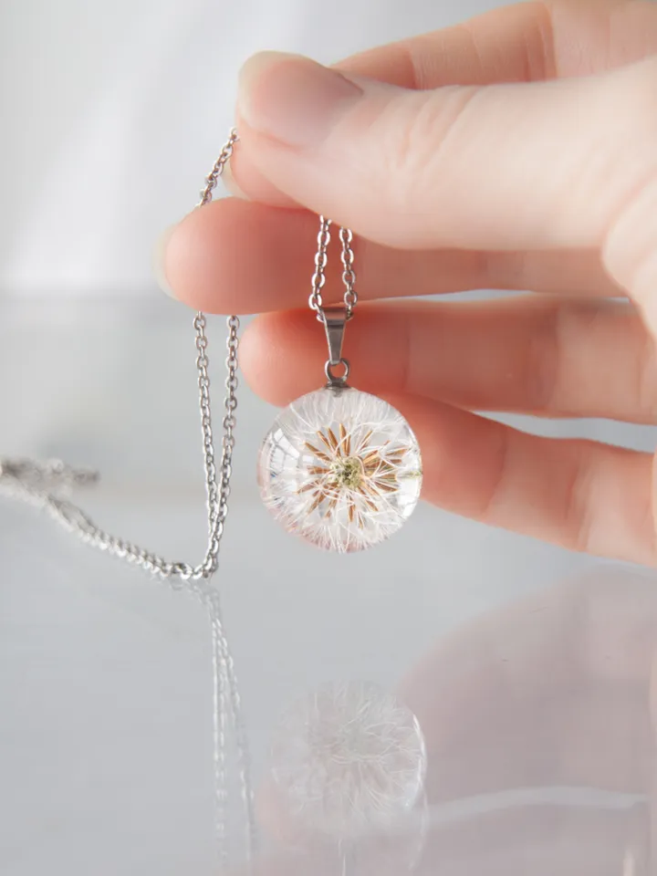 Small Dandelion - wishing necklace. Crystal clear resin globe pendant with natural dandelion flower. Make a wish sphere