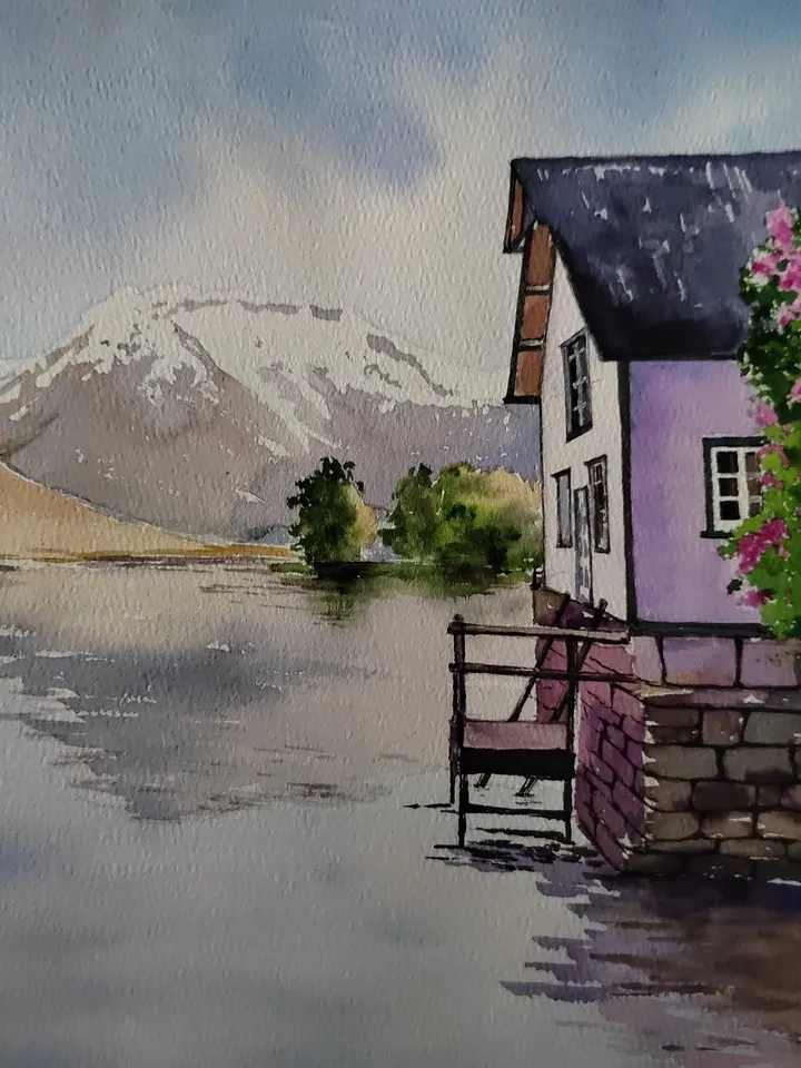 Mountain Lake Painting Lake Landscape Art House on the Lake Artwork Original Watercolor Painting 11.81x15.74 in by SoftWaves