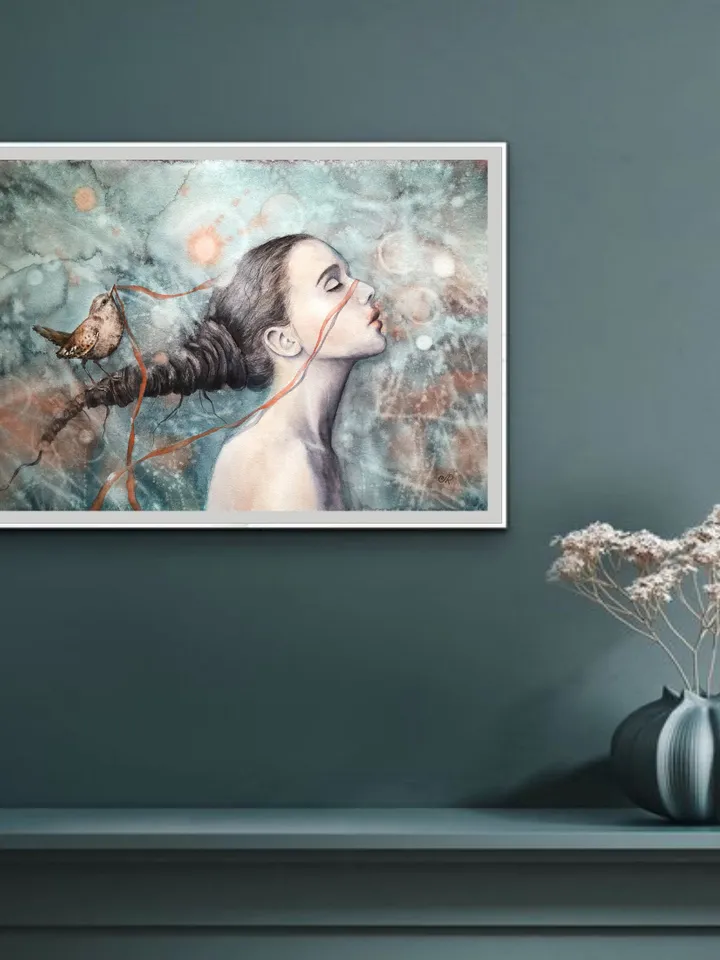 Woman Painting Original Woman with Bird Artwork Girl Watercolor Painting