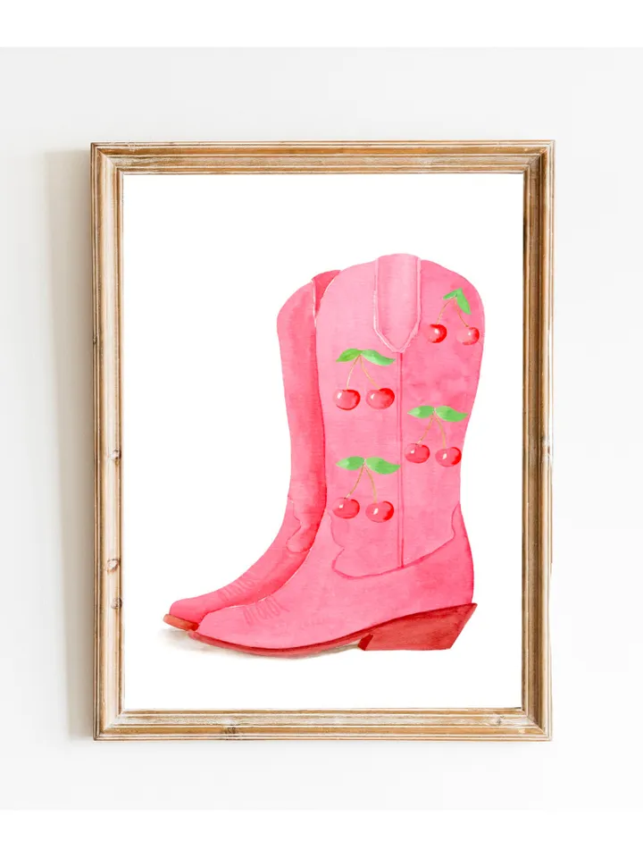 Pink Cowgirl Boots, Preppy Wall Art, Western Home Decor, Retro Girly Wall Art, College Dorm Decor, Gift For Her, Trendy Wall Art, Pink Print