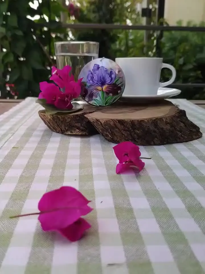 Pearl pendant necklace: Purple iris flower hand painted on dainty necklace • trendy art jewelry fitting for cute dress • fresh floral style