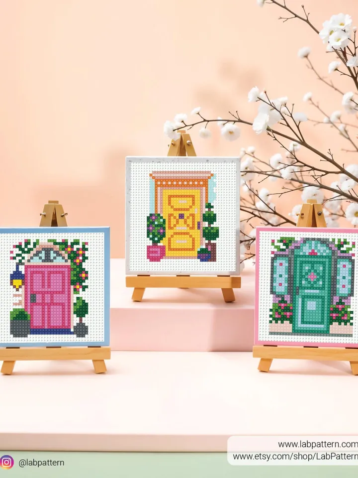Bundle of 5 Mini Cute doors Cross stitch pattern, contemporary, Abstract, Floral, beginner, modern chart, gift DIY, embroidery, instant PDF
