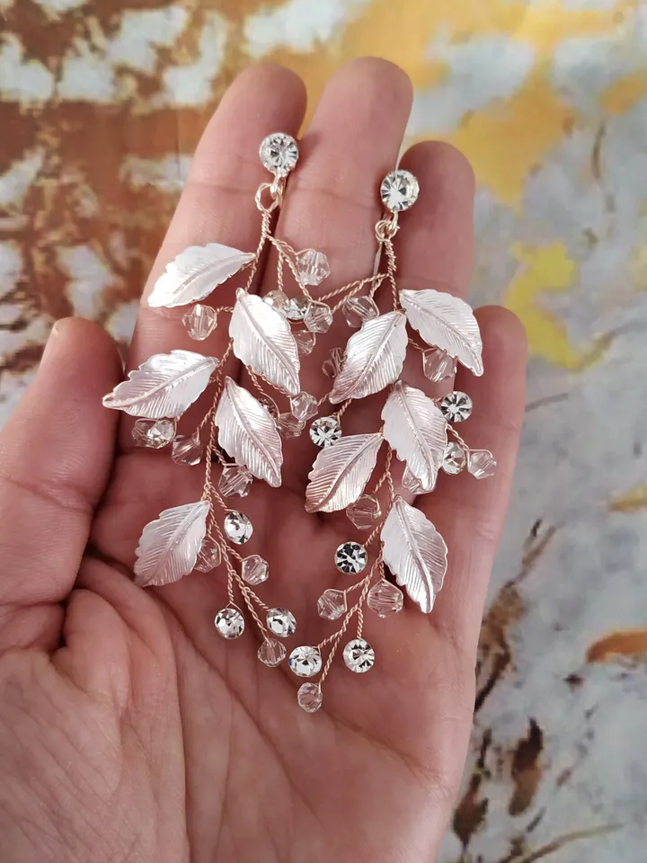 Swarovski Crystal Bridal Drop Earrings | Leaf Wedding Earrings | Boho Crystal Drop Earrings | Rose Gold Crystal Statement Wedding Earrings