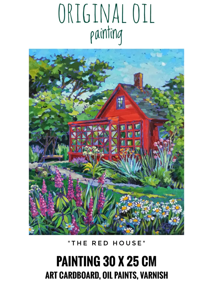 Painting, Red garden house in flowers, Summer bright landscape, Original oil painting