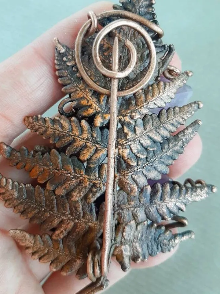 Copper handmade fern leaf brooch, amethyst buds, blueberry beads, nature jewelry, forest bunch, great gift for her, electroforming