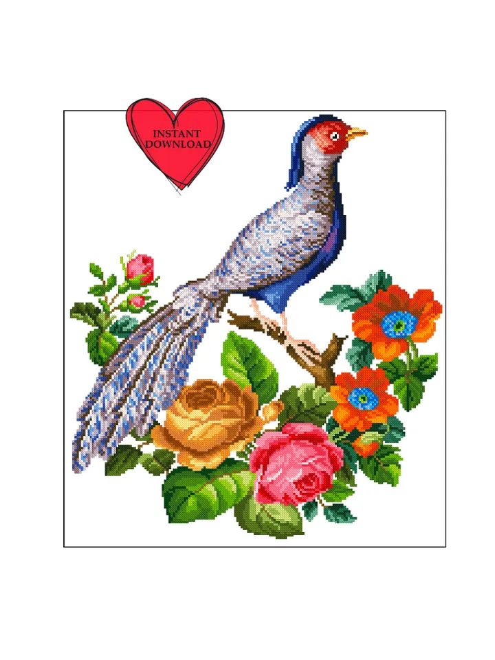 Vintage Pheasant in flowers cross stitch pattern antique bird chart