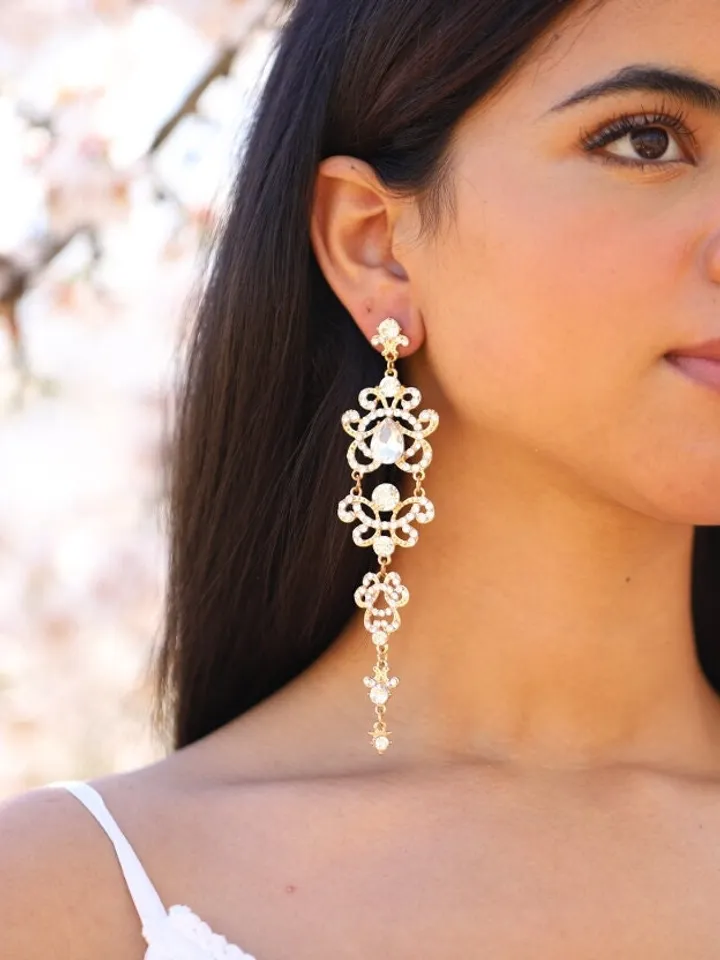 Plata, Oro Art Deco Pendientes Largos De Boda, Joyas De Novia Vintage, Pendientes De Boda Boho, Pendientes De Novia Chandelier, Joyería Boho