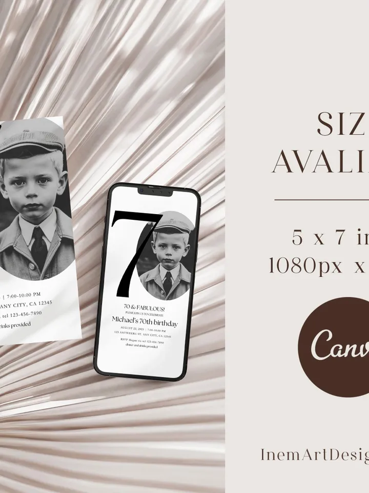 70th Birthday Party Invitation Card, Look Who's 70, Editable 70th Birthday Card Template, Printable Minimalist Birthday Photo Card Canva