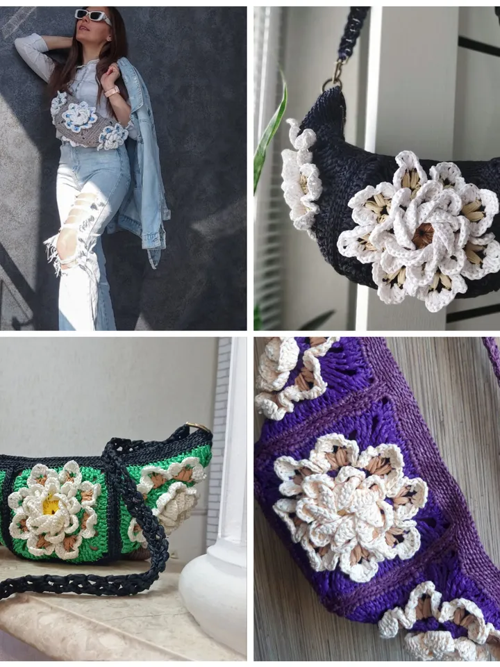 Crochet pattern granny square belt bag PDF digital instant download and video tutorial, waist bag, raffia handbag with motifs, small purse