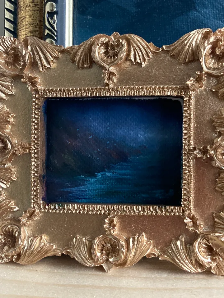 Small Landscape Oil Painting Framed Original Coast Painting Antique Ocean Art Gold Frame Tiny Paintings 3 x 4 Art