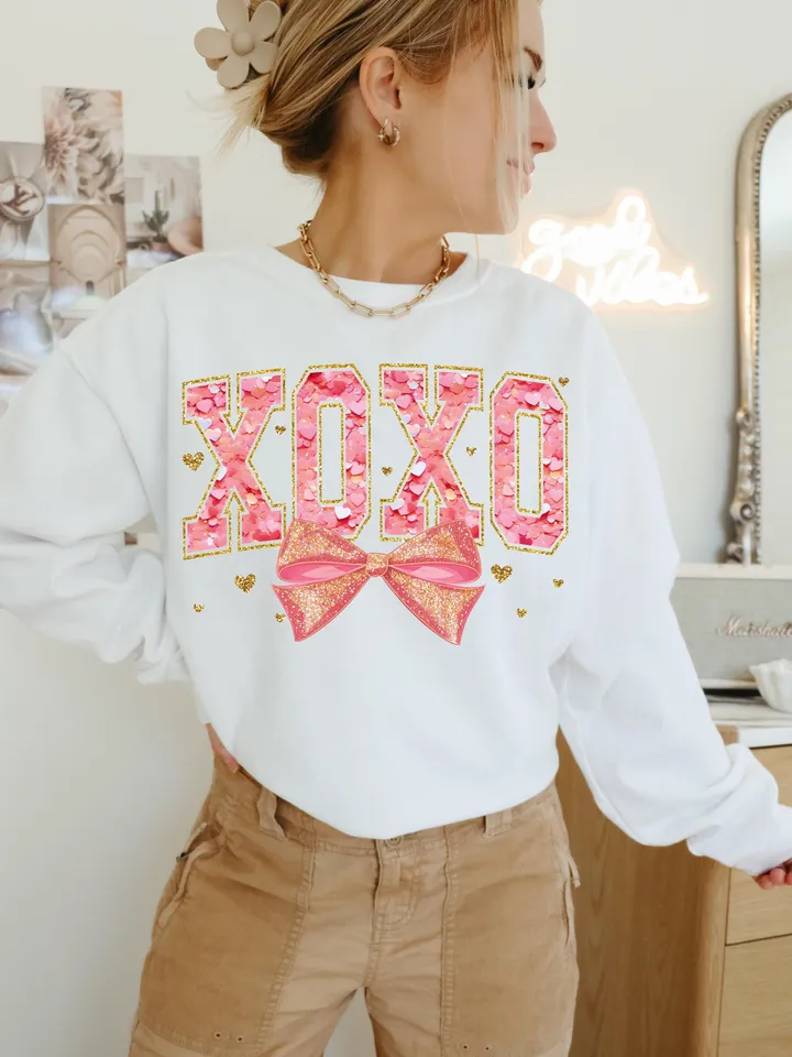 Valentine XOXO Coquette Sparkly Glitter Png, Valentines Day Shirt Design, Valentines Day PNG, Xoxo PNG, Pink Faux Sequins Valentines Png