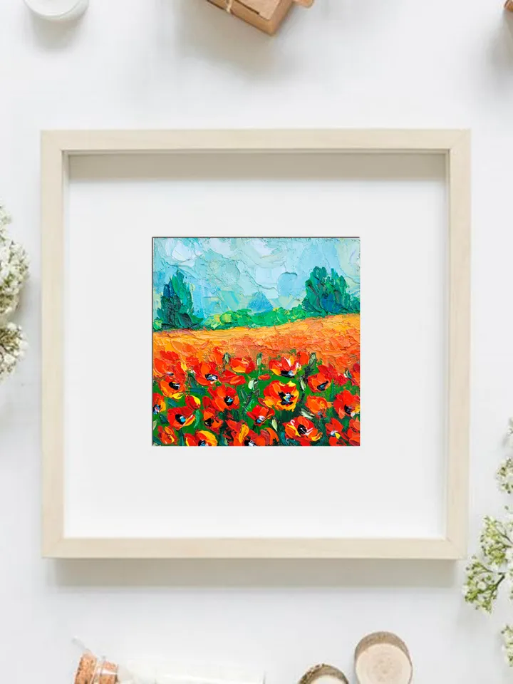 Poppy Field Painting Meadow Painting Original Impasto Oil Painting 6x6 Wildflower Landscape Painting Tuscany Painting Wall Decor Gift by ArtFromVictoria