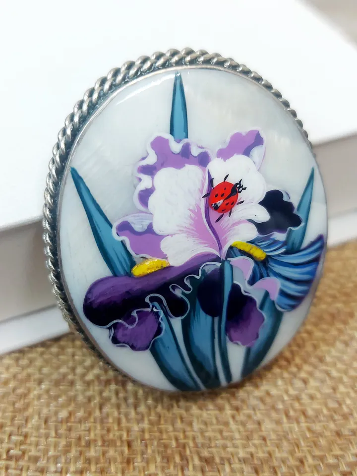 Mother-of-pearl Russian brooch "Iris Flower ", Miniature hand-painted, Russian fine art jewelry, Аbalone shell. Russia gift for woman. Pin