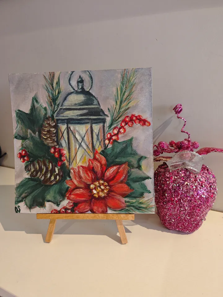 Christmas Mistletoe Original Painting Red Mistletoe And Flashlight Original Art X-mas Tree And Mistletoe Artwork Christmas Red Poinsettia Flower Oil Painting 8 x 8 inches by OlgaSokolovaArt