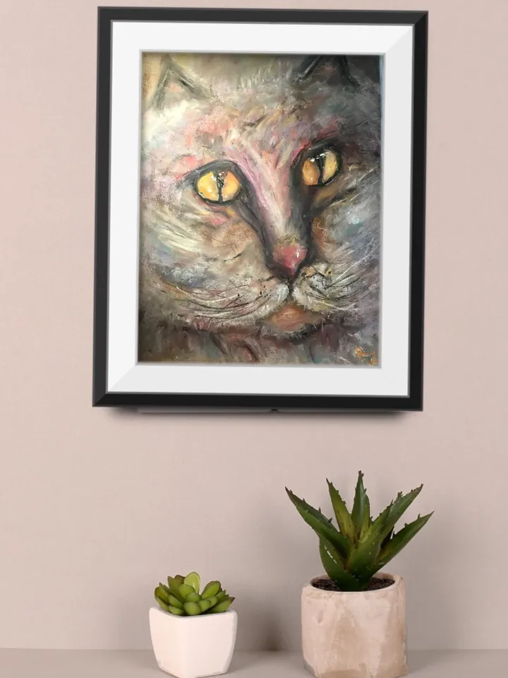 Fluffy cat original soft pastel painting,funny animals wall art,kids room decoration,nursery room painting,pink cat pastel painting,gift.