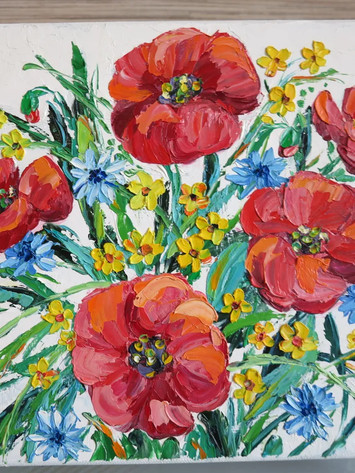 Oil Painting With Red Flowers Original Art Impasto