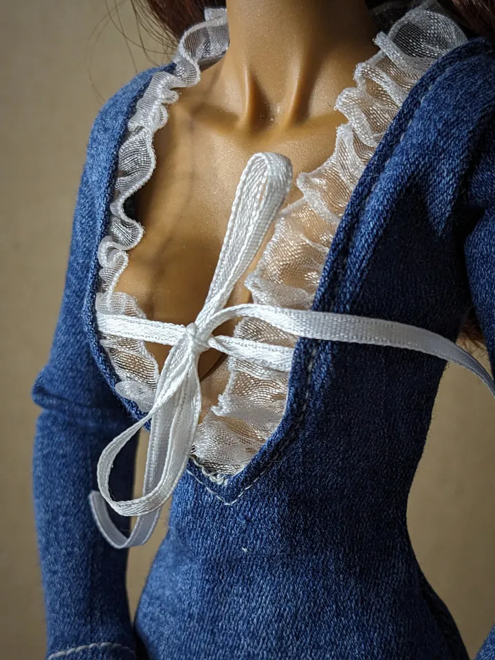 Handmade blue denim bodysuit for 16-inch Fashion Royalty dolls (FR16)