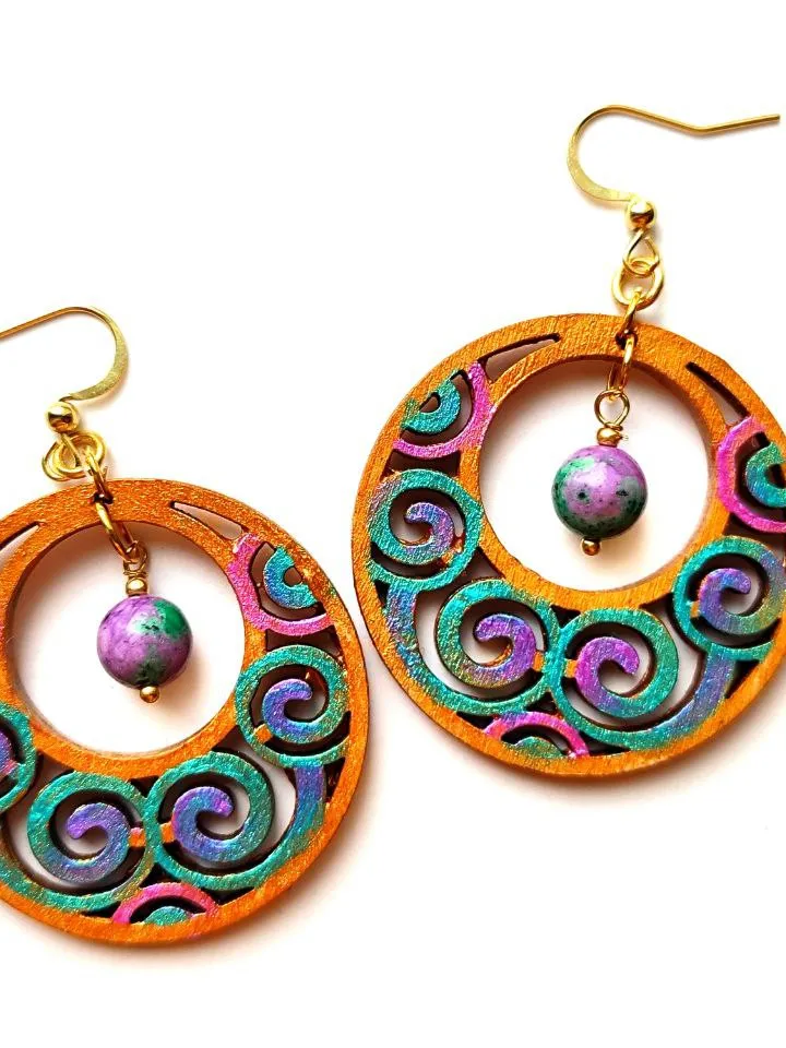 Round lightweight earrings with zoisite ethnic earrings with hand painting