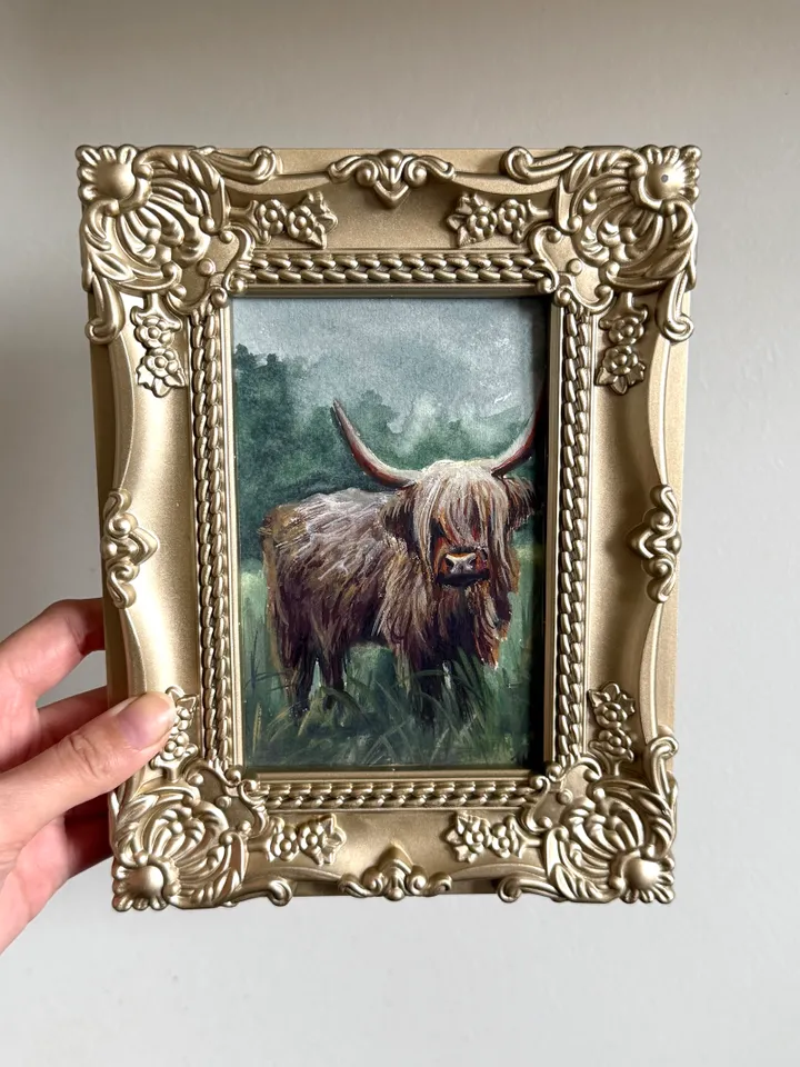 Framed Cow Gouache Painting Original Young Calf Art Framed Animals Decor Dark Cottagecore Art