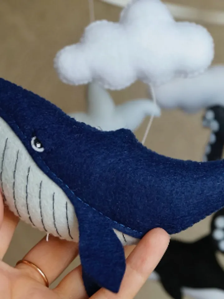 Baby mobile with whales for ocean nursery. Ocean octopus, narwhal, orca and whale for decor nautical nursery.