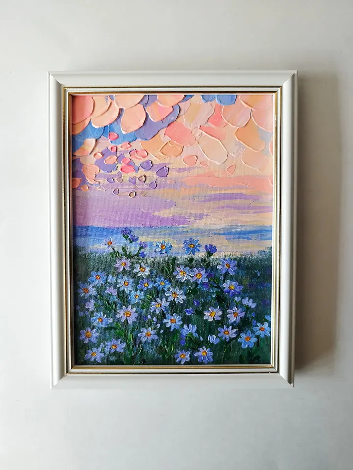 Acrylic Painting Sunset Landscape with Daisies Flower Artwork