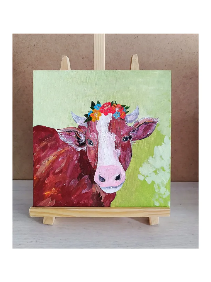 Cow painting Animal painting wall decor Cow flower crown original painting artwork Cute cow portrait impasto painting