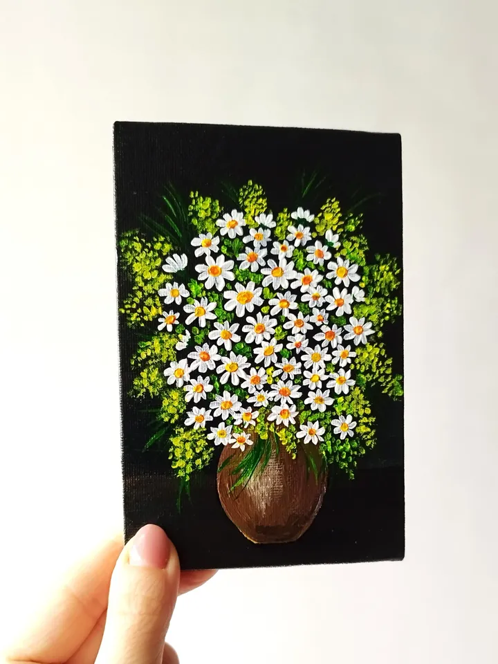Daisies original painting, Flowers small painting, Daisies art floral wall decor