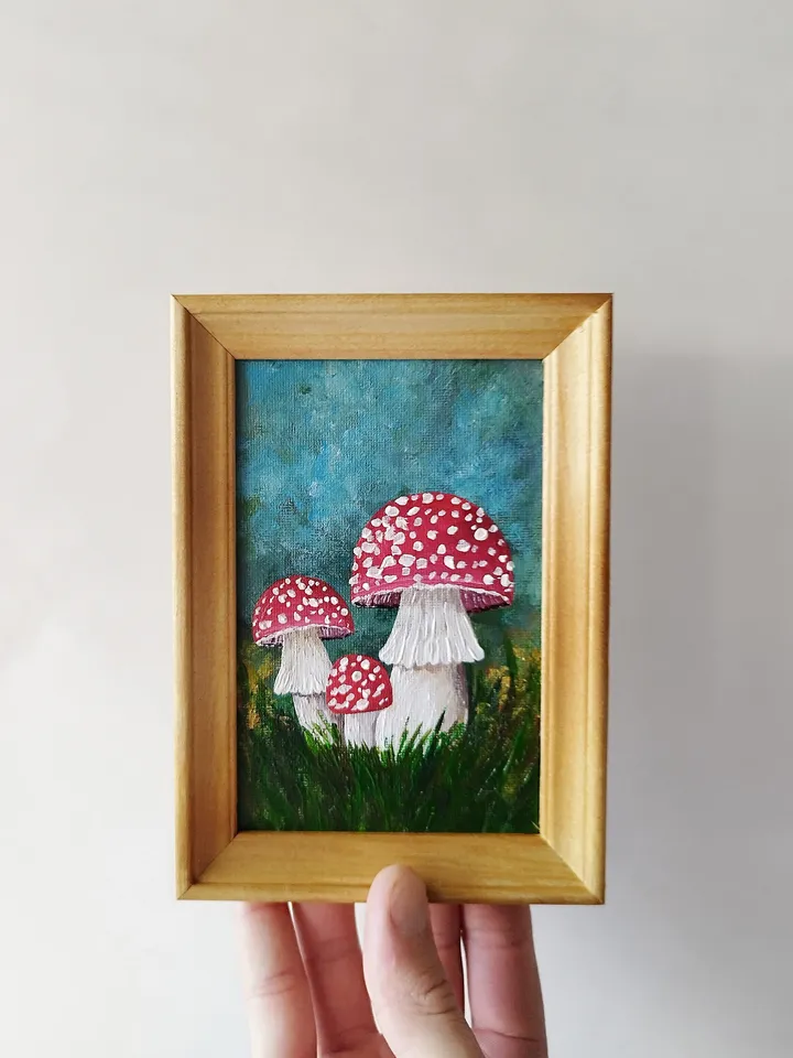 Realistic mushroom painting, Toadstool picture, 3 mushrooms, Impasto painting, Small wall decor