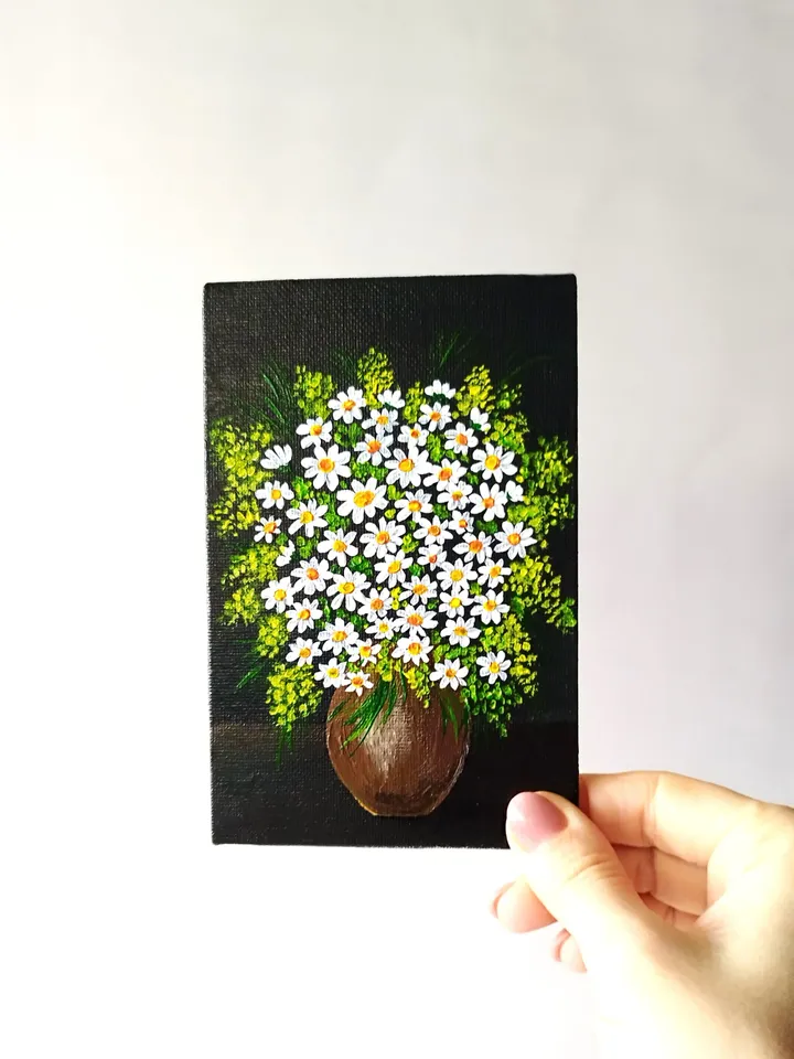 Daisies original painting, Flowers small painting, Daisies art floral wall decor