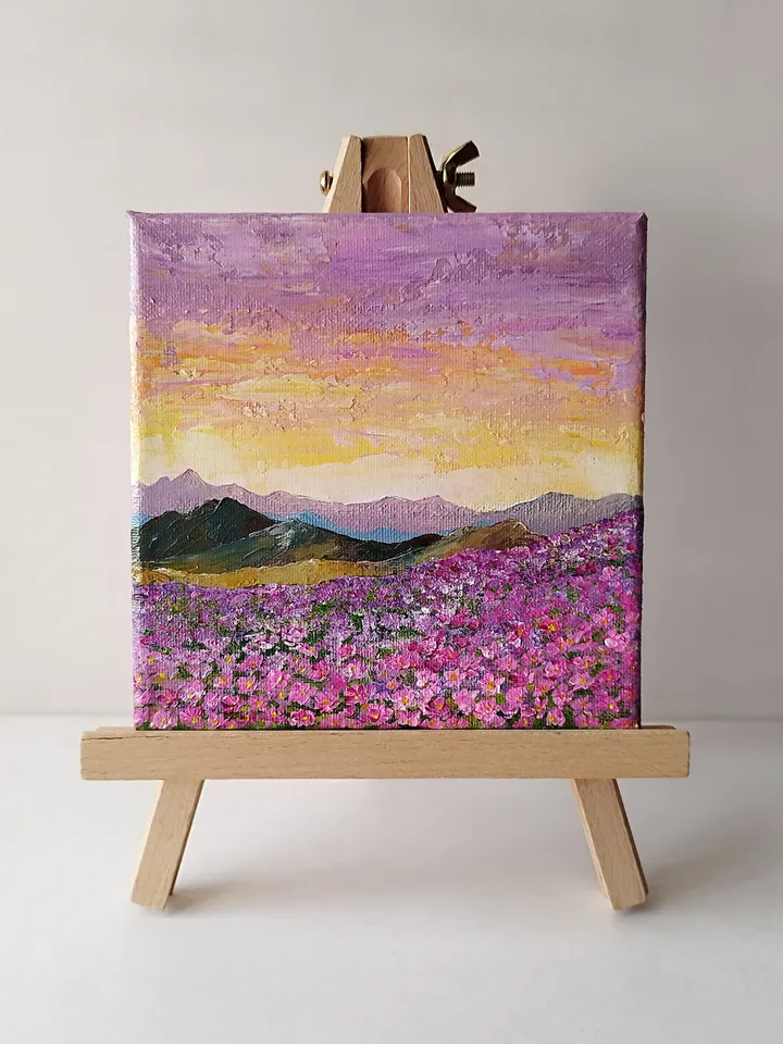 Landscape Painting: Acrylic Mini Canvas Art of a Pink Floral Sunset