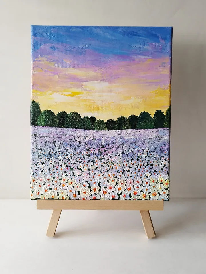 Acrylic Painting of a Sunset Landscape with White Field Flowers