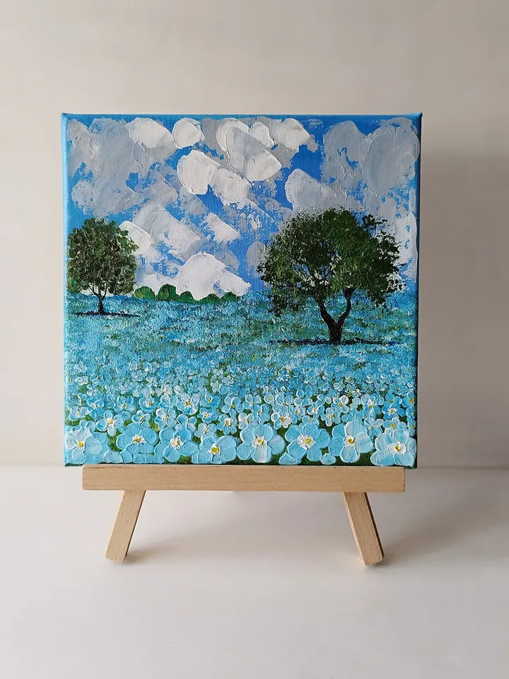 Blue floral canvas wall art, Landscape art, Bright floral wall art, Flower painting acrylic, Texture painting on canvas
