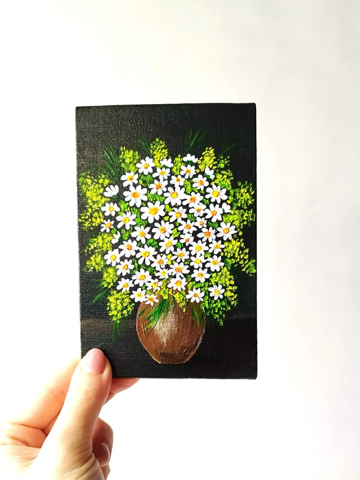 Daisies original painting, Flowers small painting, Daisies art floral wall decor