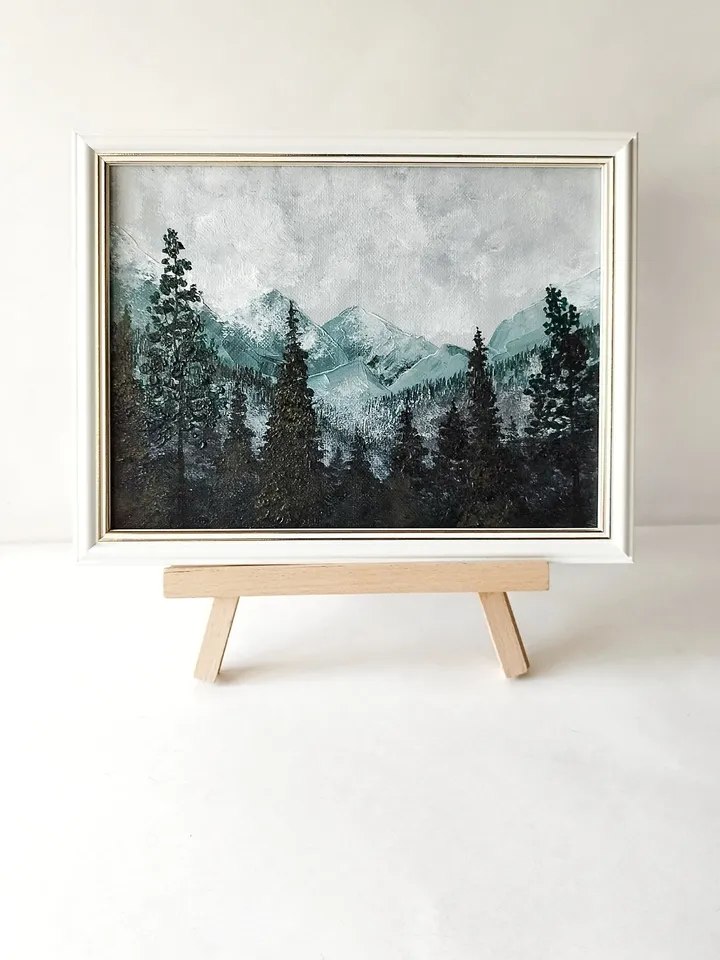Forest Mountain Landscape Acrylic Painting Framed Art