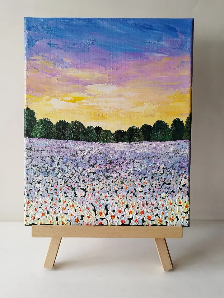 Acrylic Painting of a Sunset Landscape with White Field Flowers