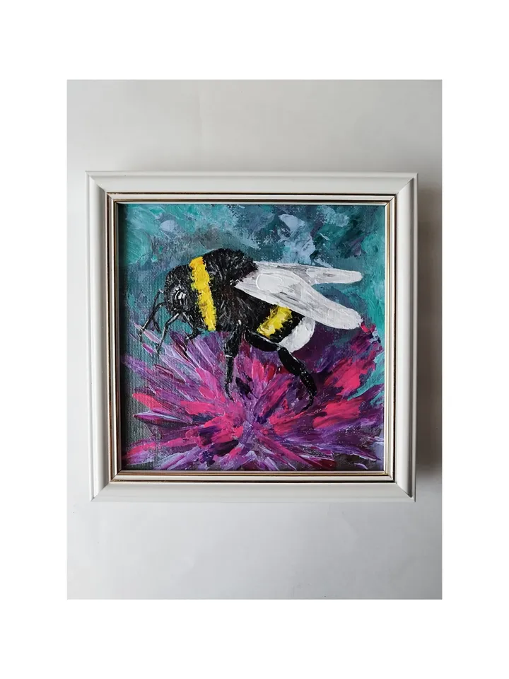 Bumblebee wall art painting insect artwork aster flower pink